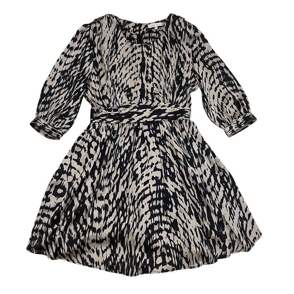 Sandro Paris Printed Black + Cream Silk Mini Dress 2 | Pockets Studded Rare NWOT